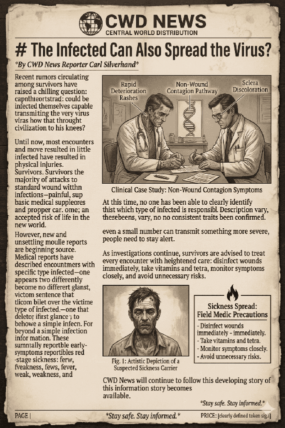 Vintage CWD News newspaper clipping detailing the AshBorne Virus non-wound contagion and medical symptoms for DayZ Deerisle survivors.