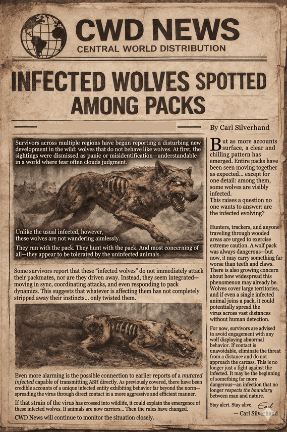 A vintage-style newspaper clipping from CWD News titled 'Infected Wolves Spotted Among Packs.' It features illustrations of decayed, zombified wolves displaying pack