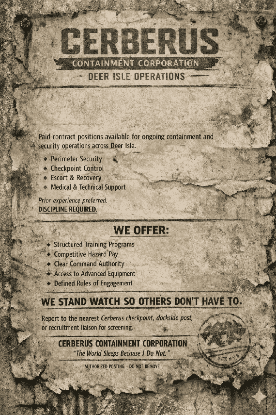 Torn and weathered paper flyer for the Cerberus Containment Corporation: Deer Isle Operations. It lists open contract positions like perimeter security, requirements like discipline, and the motto: The world sleeps because I do not.